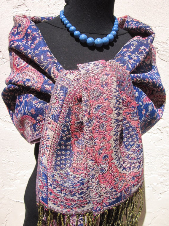 Blue & Orange Paisley Pashmina Shawl / Scarf / Wrap