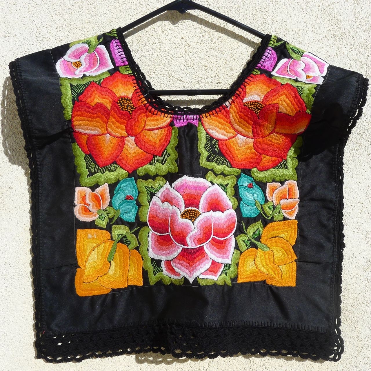 Vintage Mexico Oaxaca Embroidered BlkSatin SMALL by LivingTextiles