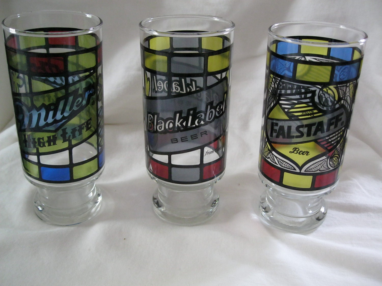 Six Vintage Stained Glass Beer Glasses