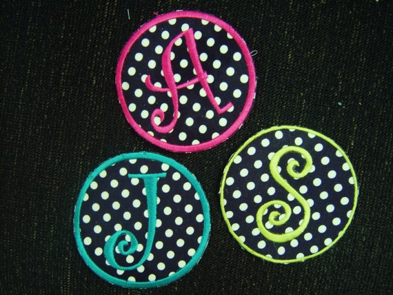 Embroidered monogram patch black white dot w/ pink by bohemianblue