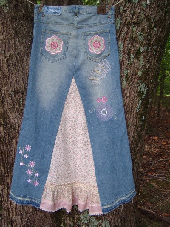 Embroidered Blue jean skirt with pink and white flowers