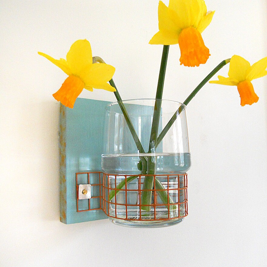AQUA modern blue wall mount flower vase by PIGandFiSH on Etsy