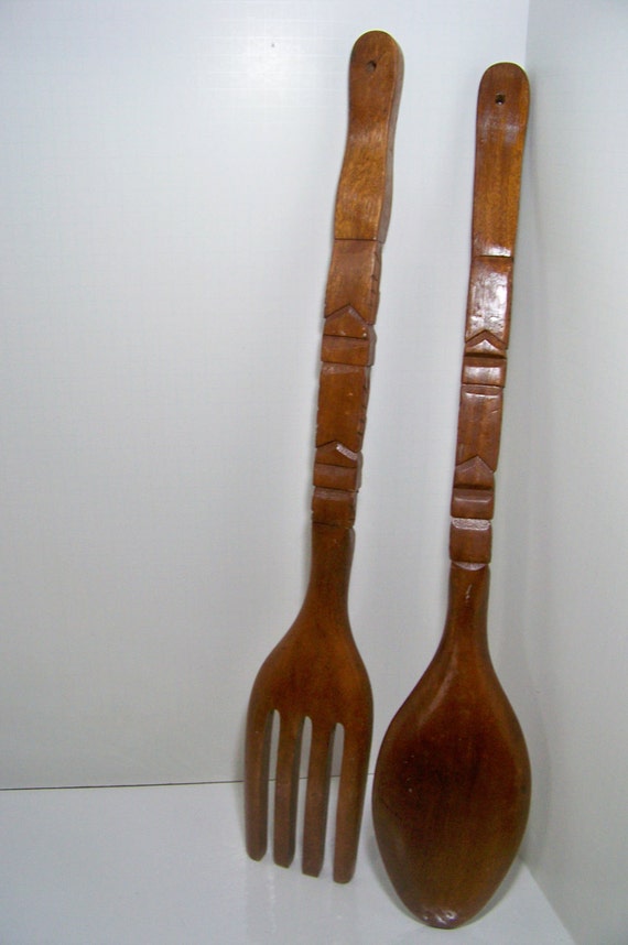 Large Wooden Fork and Spoon Wall Decor Totem Pole Design