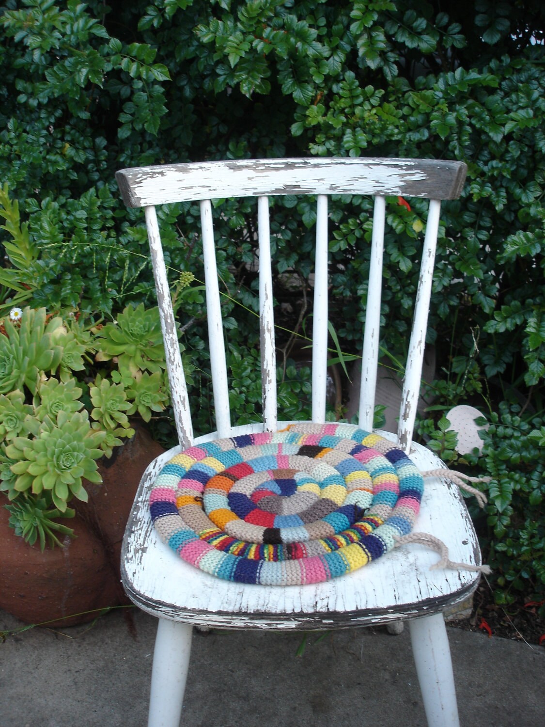 Vintage knitted chair or stool cushion seat cover with