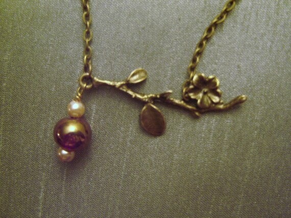 Items Similar To Antique Brass Necklace With Flower Branch Pearls And Iridescent Bronze Glass