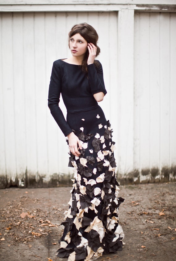 Floral Hand Applique 100 Black Wool Gown