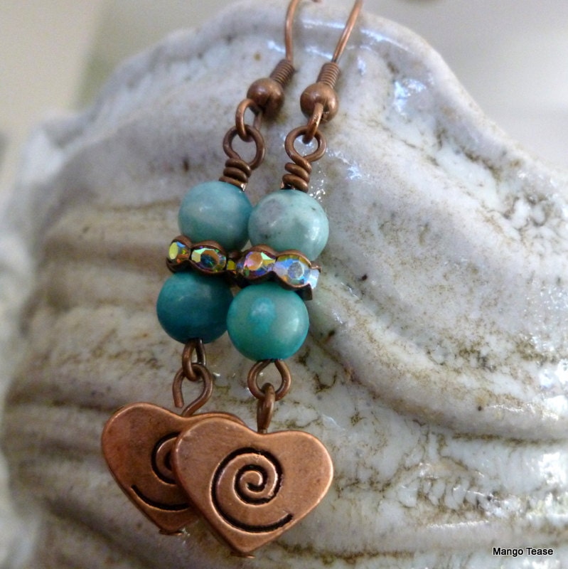 Copper Hearts Blue Earrings