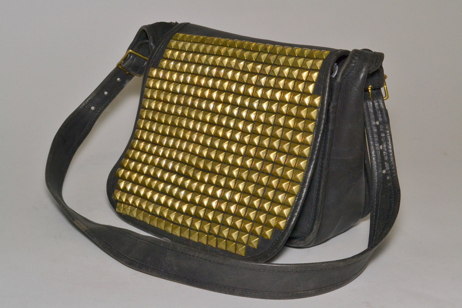 Black Leather Coach Bag With Gold Studs