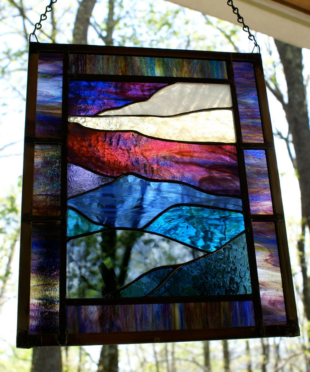 Stained Glass Panel Mountain Sunset by WalkingCrowStudio on Etsy