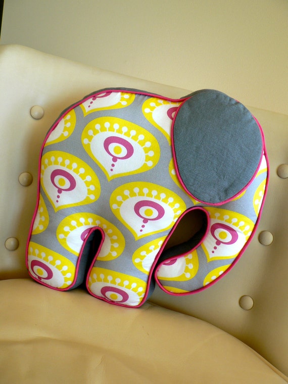 Items similar to Elephant Pillow Nursery Toy Grey Yellow and Pink on Etsy