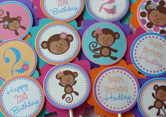 Set of 12 Personalized Lil Monkey Girl Cupcake Toppers -Monkey Birthday -Girl Monkey Party -Monkey Il_570xn