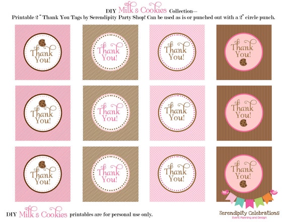 Printable Pink Milk & Chocolate Chip Cookies Thank You Tags by