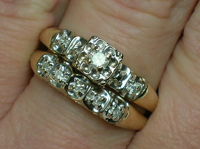 Vintage Wedding Rings Set Tudor Rose Illusion Head Classic