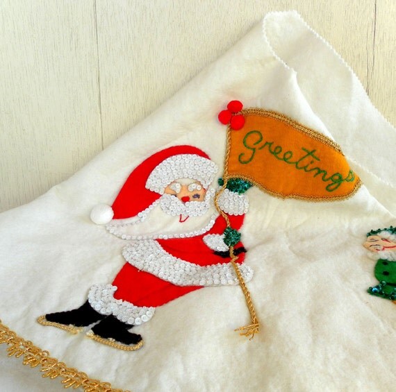 vintage christmas tree white felt skirt with santa elves vintage christmas tree white felt skirt with santa elves