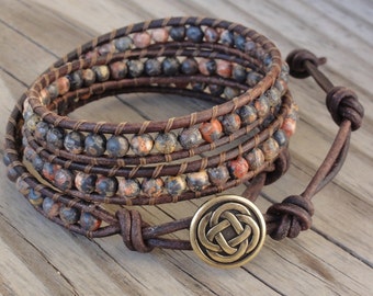 Triple Leather Wrap Bracelet with 4mm Leopardskin Jasper Beads & Celtic Knot Button