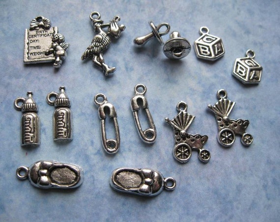 Collection of 14 Baby Theme Charms in Silver Tone C1172