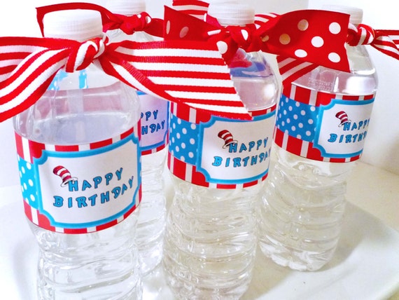 Red and blue cat hat Digital Party PRINTABLE DIY Birthday Drink Labels Il_570xn