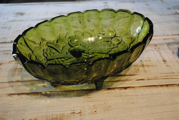 Items Similar To Vintage Green Glass Footed Oval Bowl With Fruit Design On Etsy