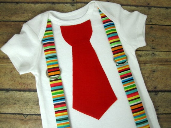Red Tie with Crayon Stripe Suspenders Bodysuit by bkchicboutique
