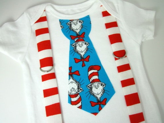 Cat in the Hat Tie with Red Squiggly Stripe by bkchicboutique
