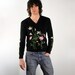 black v-neck sweater with embroidered flowers green white pink small medium large Lucky 7