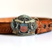 patriotic brass belt buckle, tooled brown leather, bicentennial, constitution, Philadelphia, 1987, large 38-42