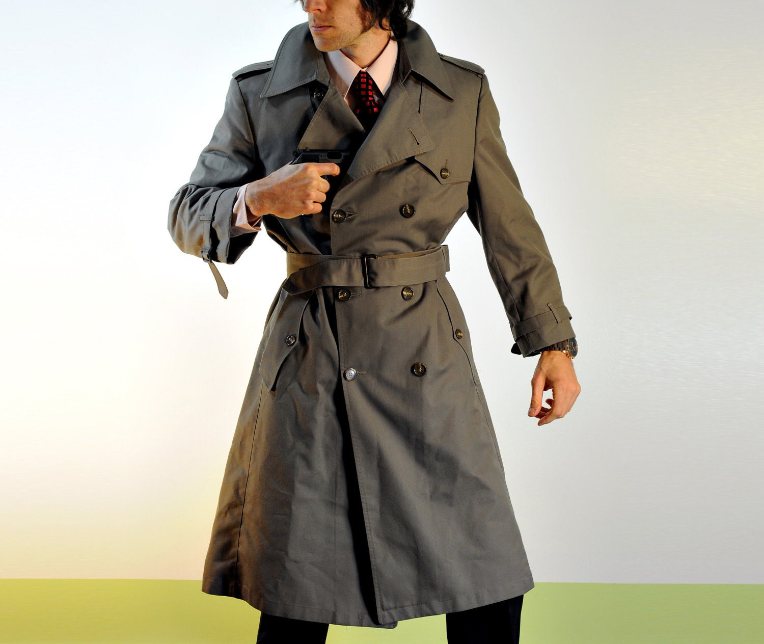 70s Christian Dior Trench Coat Dark Taupe Gray Brown Belted