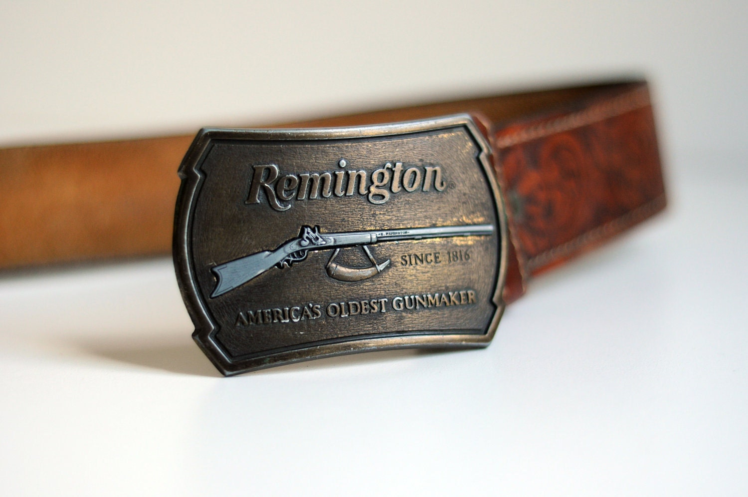 remington gun brass belt buckle floral tooled brown leather