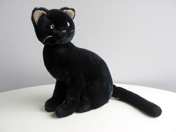 Vintage Black Cat Stuffed Animal Plush Toy with by retrogroovie