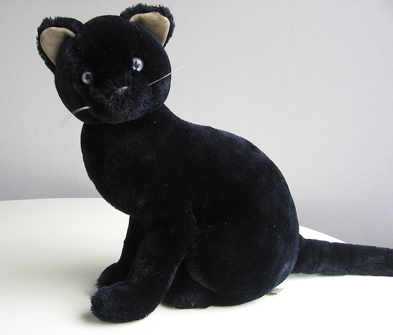 Vintage Black Cat Stuffed Animal Plush Toy with Bright Blue