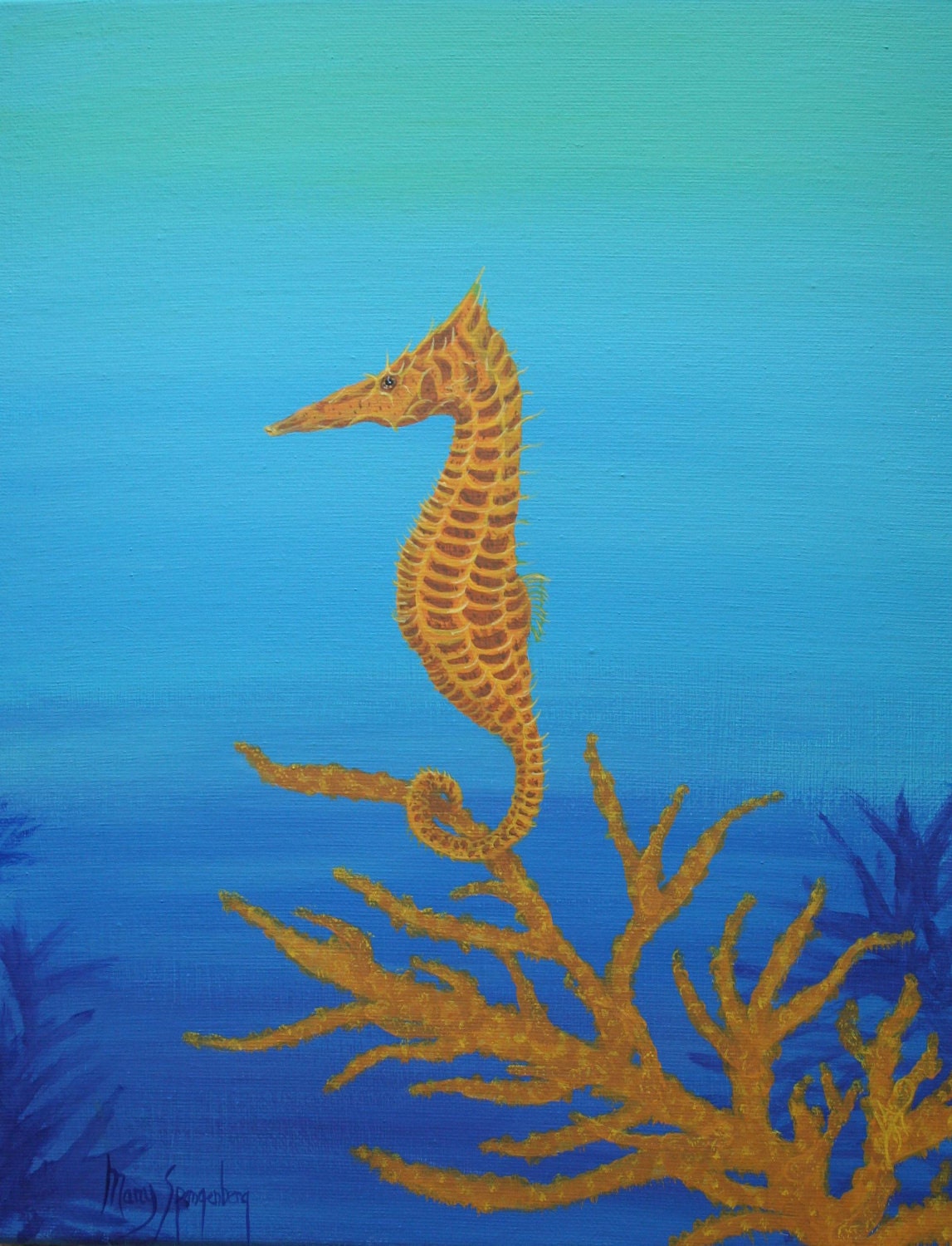 Seahorse Painting. Golden Seahorse Original Acrylic by Maryscove