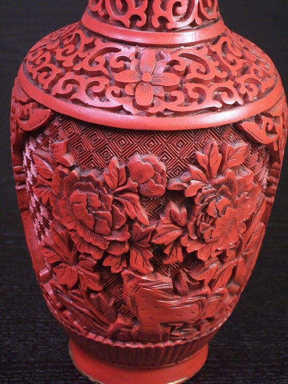Vintage Cinnabar Vase Red Floral Reproduction Resin Brass