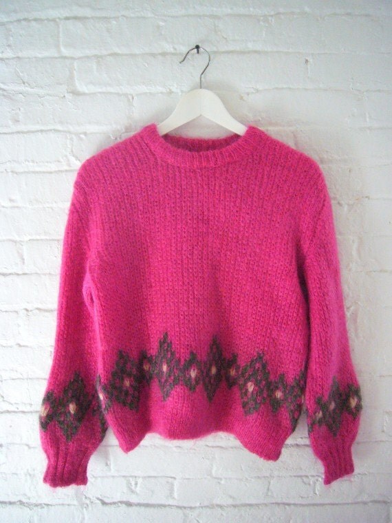 1960s Pink Mohair Sweater 60s Vintage Mod Wool Sweater Gray