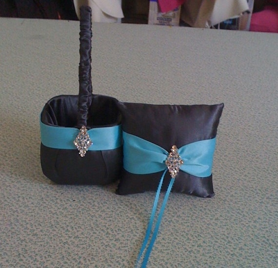 Charcoal Gray and Aqua Blue Satin Flower girl by sashesforlove