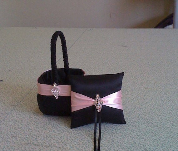 Black Satin and Pink Satin  Flower girl basket and pillow