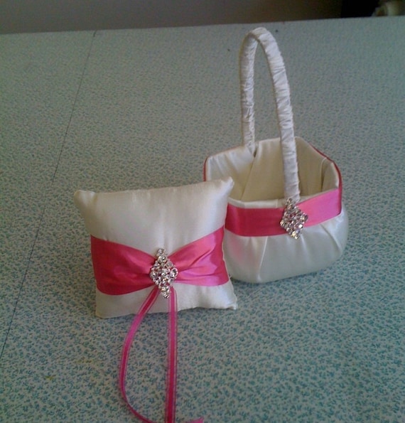 Ivory Flower Girl Basket and Ring bearer Pillow with Bling and Hot Pink Accent