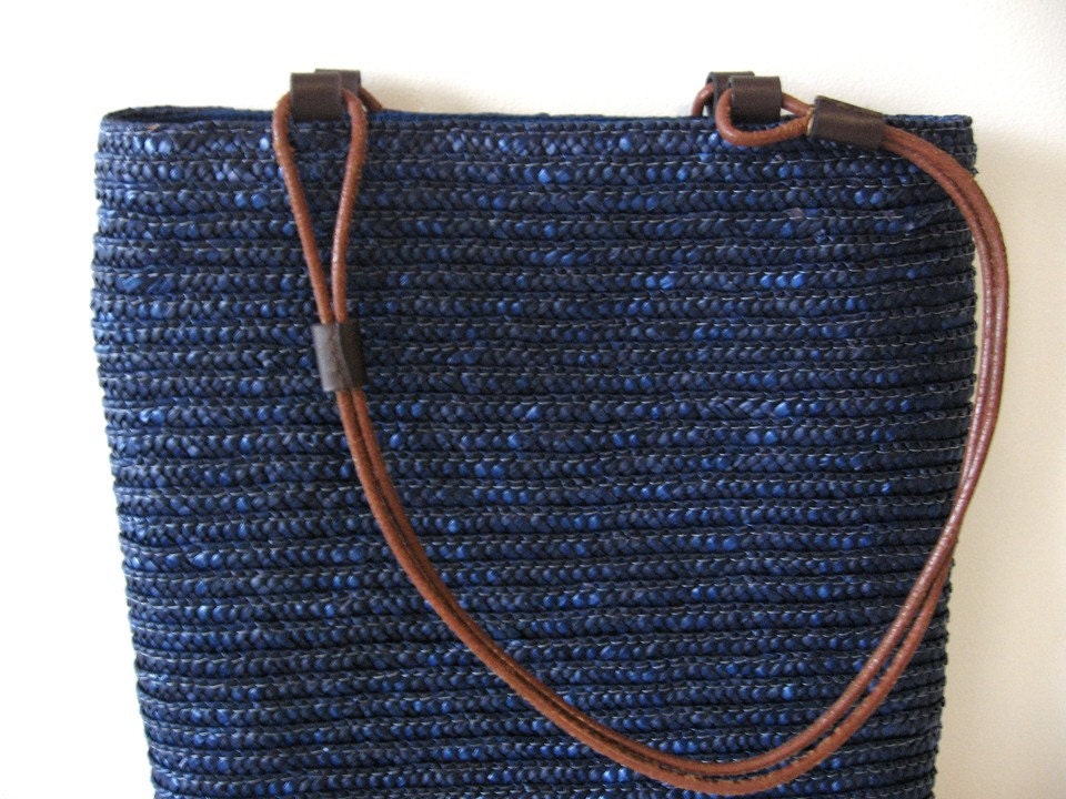 SALE Navy blue woven straw tote bag with leather handles