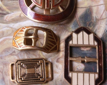 LOT OF 5 Vintage Enamel RARE Art Deco Original Brass Ornate Buckles