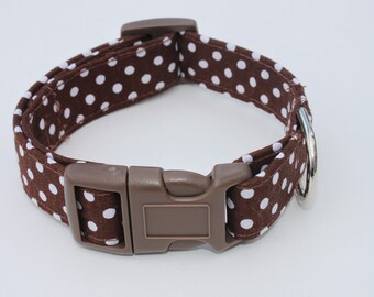 Brown and White Polka Dot Dog Collar Size XS, S, M or L