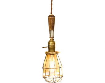 Vintage Farmhouse Wire Wood Handle Caged Trouble Light Pendant ( Brown )