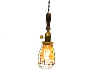 Vintage Farmhouse Wood Handle Caged Trouble Light Pendant ( Ebony )