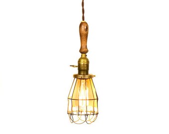 Vintage Farmhouse Wood Handle Caged Trouble Light Pendant ( Brown )