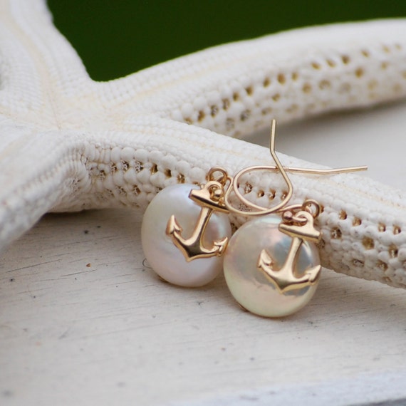Anchor Nautical Gold Earrings with Coin Pearls