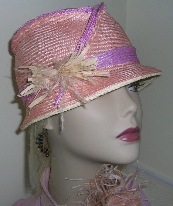 Women's Straw Hat a fedora in a soft peach color with a