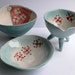 Ceramic tripot - red white and blue turquoise kimono spring flowers-three legged bowl