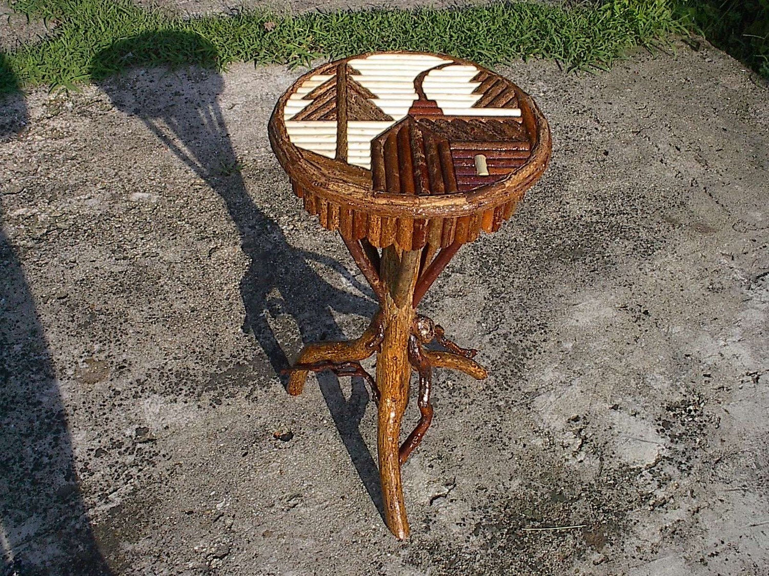 Items similar to Rustic Twig Furniture Table Round Cabin Mountain Scene