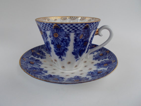 Vintage Russian Tea Cup & Saucer Colbalt Blue with Gold