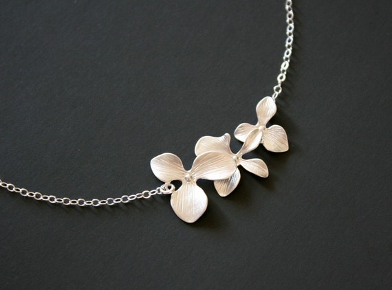 Triple Orchid Necklace Sterling Silver wedding jewelry
