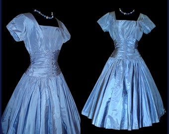 Vintage 1950s Dress . Blue Designer XS Full Circle Ballerina Mad Men Cupcake Garden Party Prom Pinup Rockabilly Femme Fatale Shelf Bust