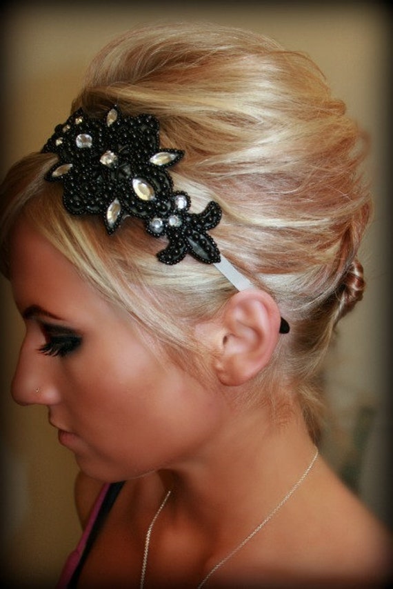 Black Beaded Headband for Black Wedding or Formal Event